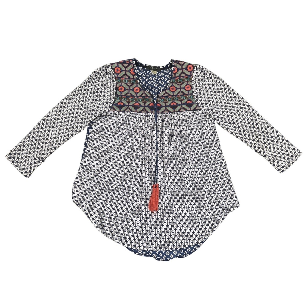 Ezra Womens Navy White Geometric Tribal Print Tassel Peasant Blouse Small T5671